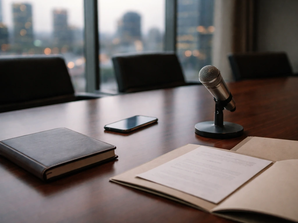 Minimal VC office scene with a microphone and business folders on a conference table, city skyline blurred outside.