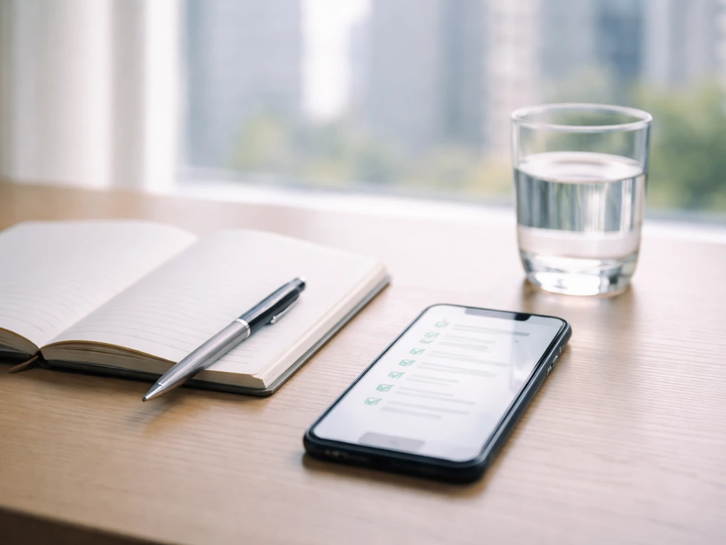 Minimal desk scene with phone and notebook beside a glass of water, suggesting financial verification for actor income c