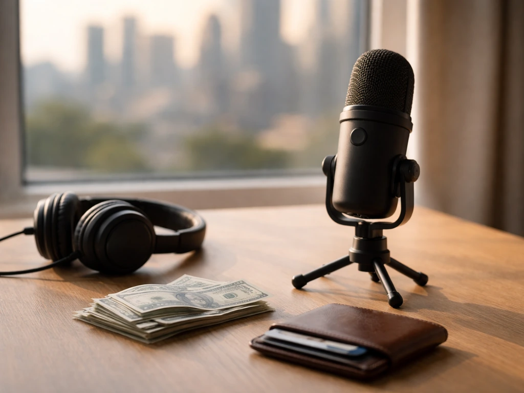 Minimal studio desk with a microphone and scattered bills, symbolizing career growth and accumulating wealth.