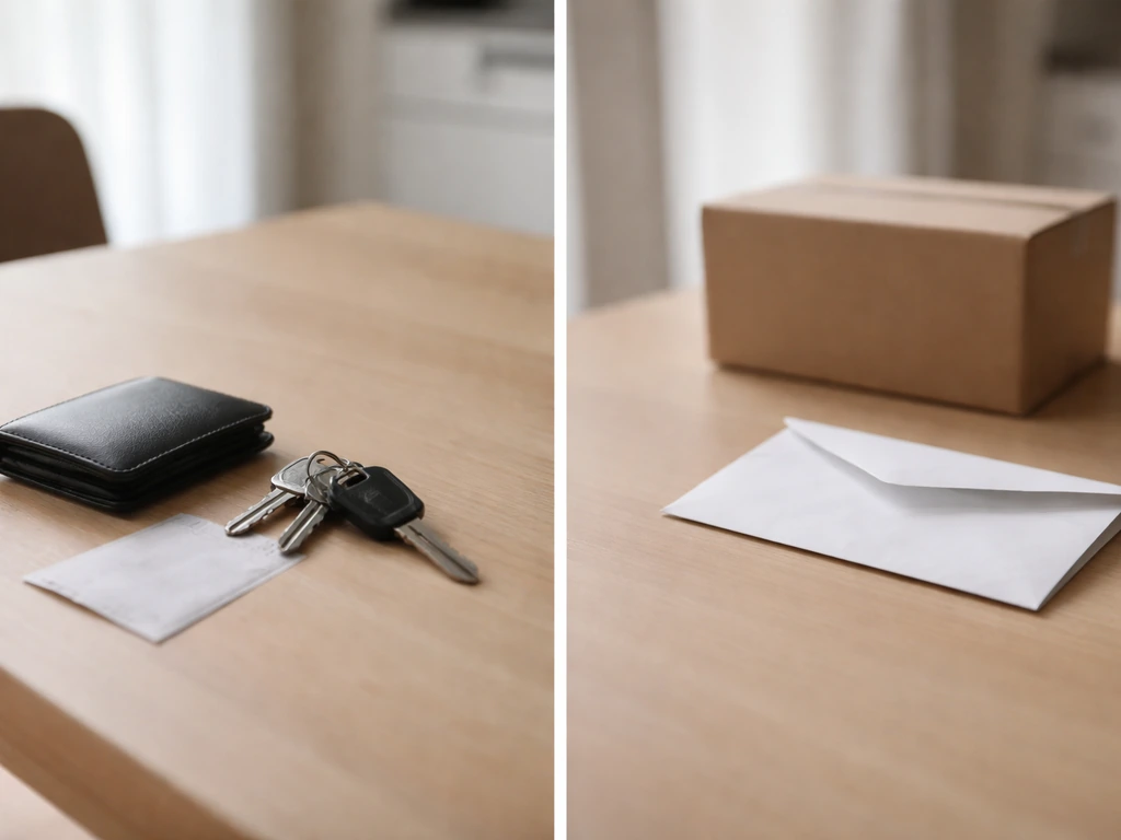 Kitchen table scene showing observable items (keys and wallet) next to ambiguous unverified items (envelope and box).