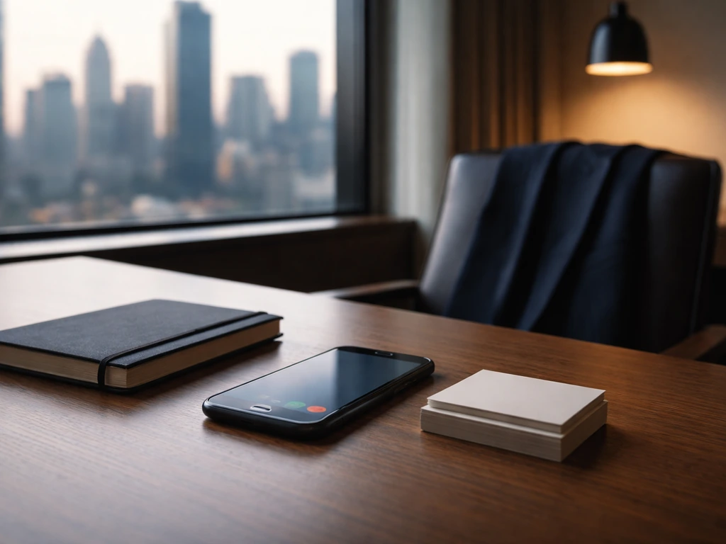 Minimal office scene symbolizing Mark L. Baum net worth research: desk, phone, and blurred city skyline.