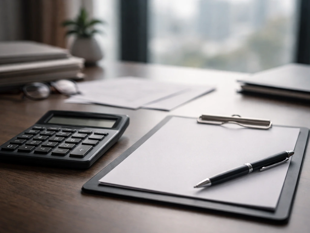 Close-up of a desk calculator beside a clipboard in a quiet office, symbolizing net worth verification