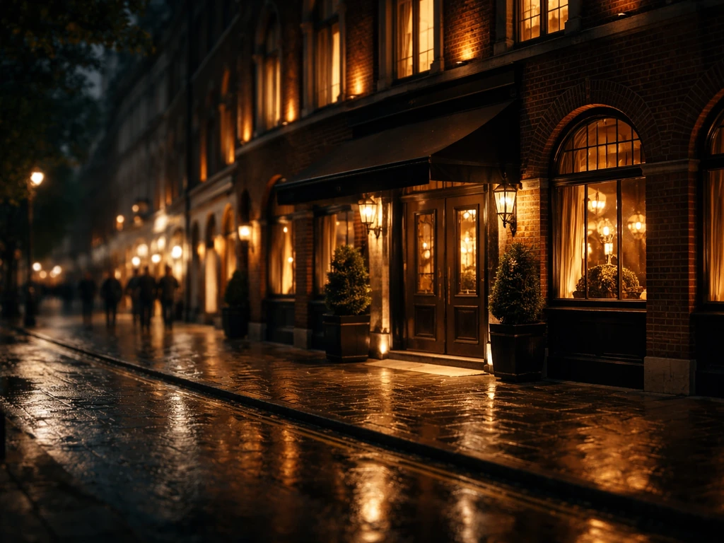 Exterior of a classic London Mayfair-style venue with warm lights at dusk, symbolizing wealth and nightlife.