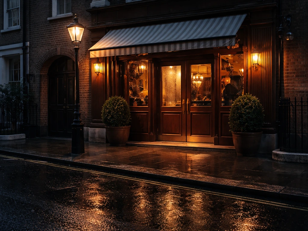 Quiet London restaurant exterior at dusk, suggesting UK hospitality and public business profile