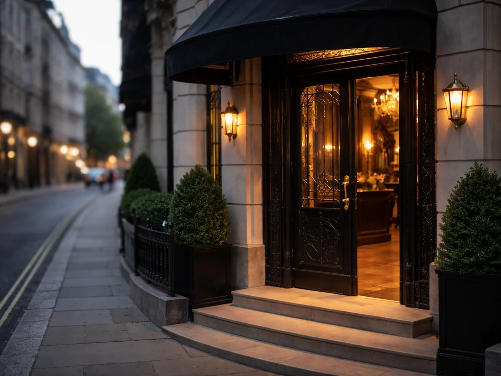Upscale London club entrance at street level with warm light and brass details, suggesting exclusive wealth.