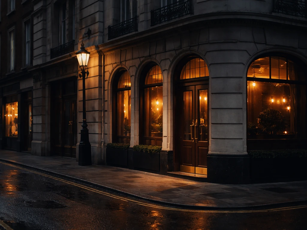 Vintage Mayfair street scene with a classic club entrance suggesting Annabel’s early era, in warm light.