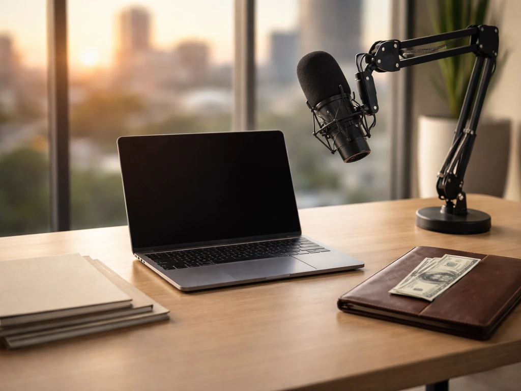 Modern Texas tech workspace with a laptop and a subtle cash-and-media atmosphere, symbolizing tech executive wealth.