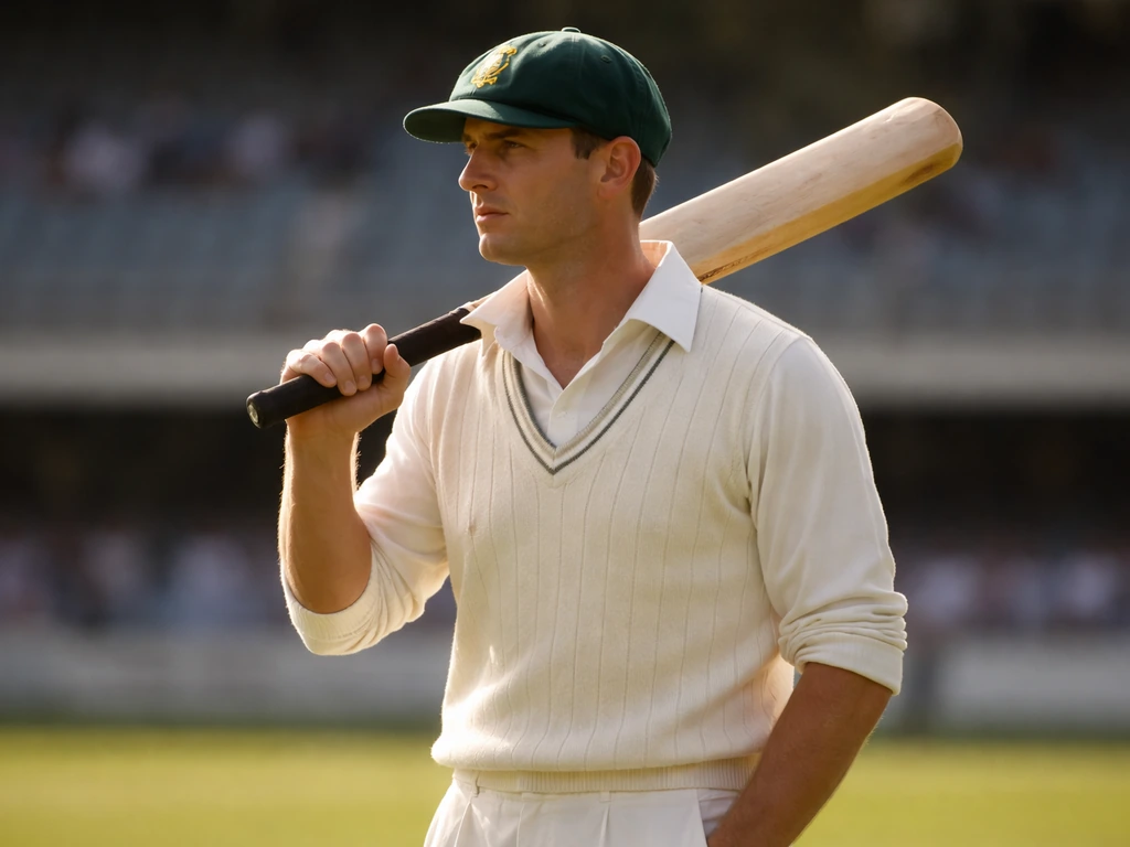Australian Test cricket captain in vintage whites holding a cricket bat in a stadium under natural light.