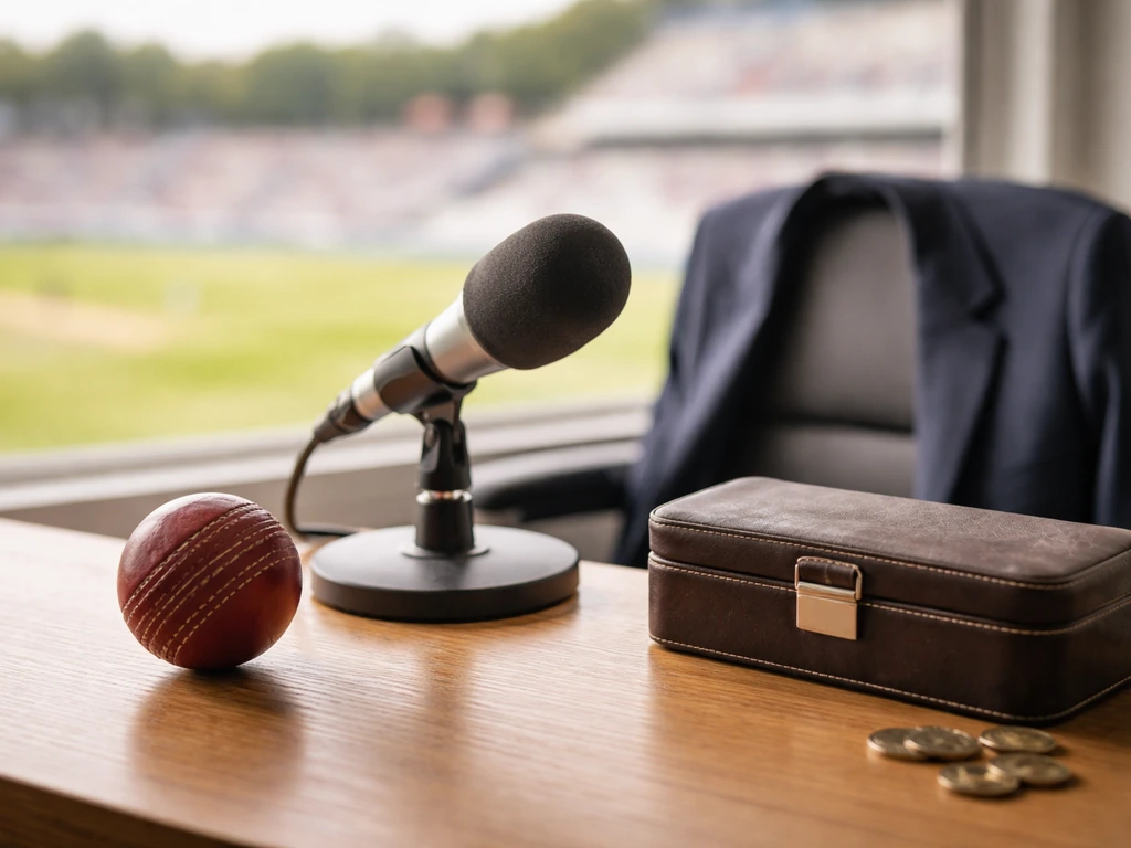 Cricket-themed studio desk with a used ball and press microphone, suggesting earnings from an elite career