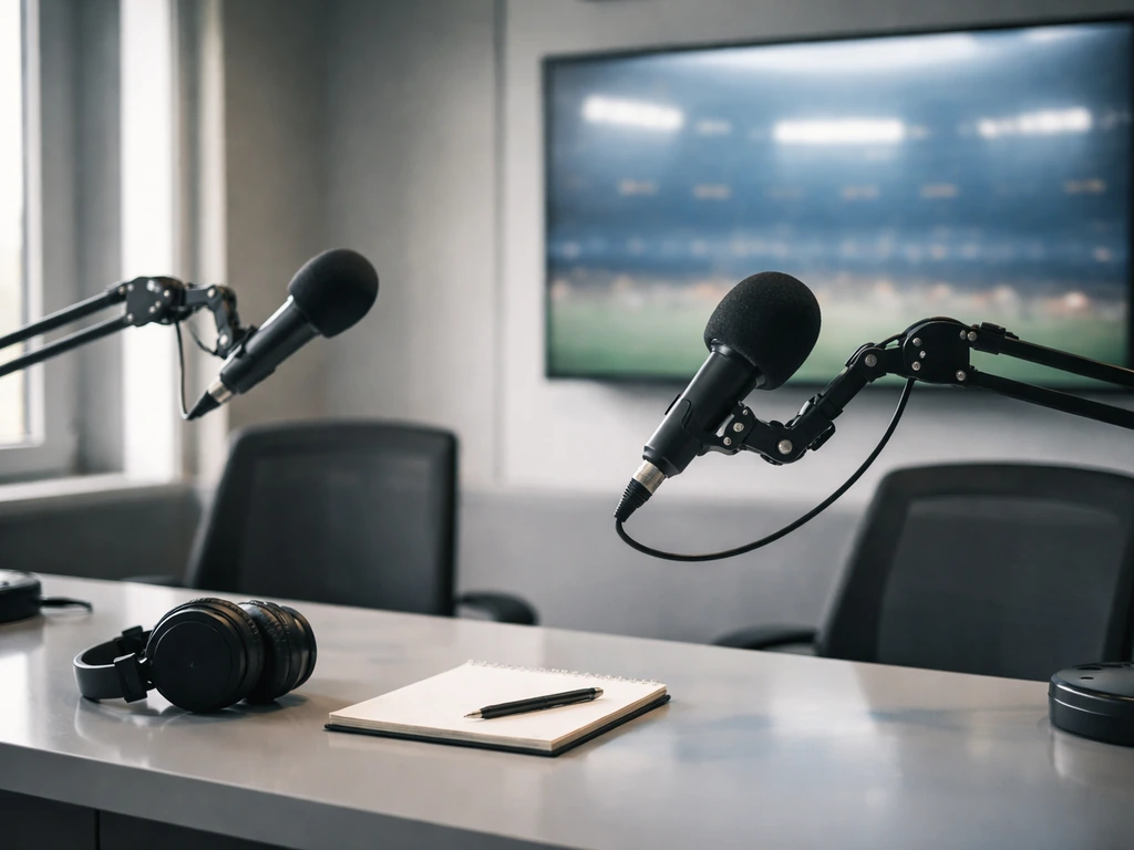 An empty cricket commentary studio with microphones and headsets, symbolizing sports media after retirement.