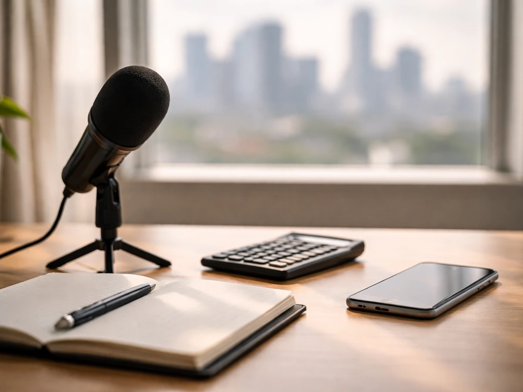Anonymous finance-themed desk scene with calculator and microphone, suggesting media and net worth analysis